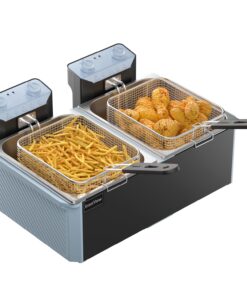 Commercial Deep Fryer w/ 2 Baskets & Lids, 21.2QT Large Electric Fryer, Double Oil Fryer for Chicken/Fish, w/Switch, Adjustable Temp, Safety Lock, Overheat Reset, 3400W for Home/Restaurant Use
