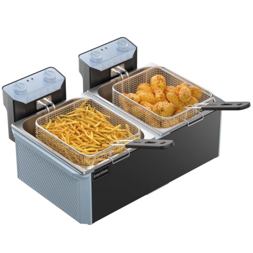 Commercial Deep Fryer w/ 2 Baskets & Lids, 21.2QT Large Electric Fryer, Double Oil Fryer for Chicken/Fish, w/Switch, Adjustable Temp, Safety Lock, Overheat Reset, 3400W for Home/Restaurant Use
