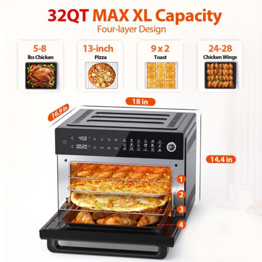 Aeitto® 32-Quart PRO Large Air Fryer Oven| Toaster Oven Combo | with Rotisserie, Dehydrator and Full Accessories | 19-In-1 Digital Airfryer | Fit 13" Pizza, 9pcs Toast, 1800w, Black - Image 6