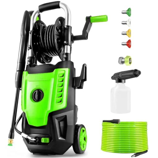 4800 PSI Electric Pressure Washer- 4.0 GPM High Power Washer with 33FT Hose Reel, 4 Spray Tips and Soap Bottle for Car Washing, Fence Cleaning, Patio Maintenance（Upgraded）(Green)
