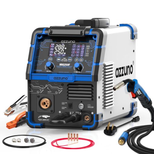 AZZUNO Aluminum 250Amp MIG Welder,6 in 1 Gas MIG/Gasless Flux Core/Stick/Lift TIG/Spot Welding/Spool Gun Compatible Welding Machine 110V/220V Large LED Display Multi Process Welder
