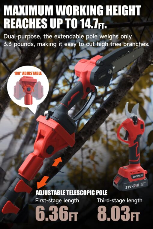 Electric Pruner Kit, 3 in 1, Max 8 ft, 2 Pcs Batteries, 6 inches cordless chainsaw & electric pruning shears with Max 8 ft Extension Pole, SK5 Blades RED - Image 6