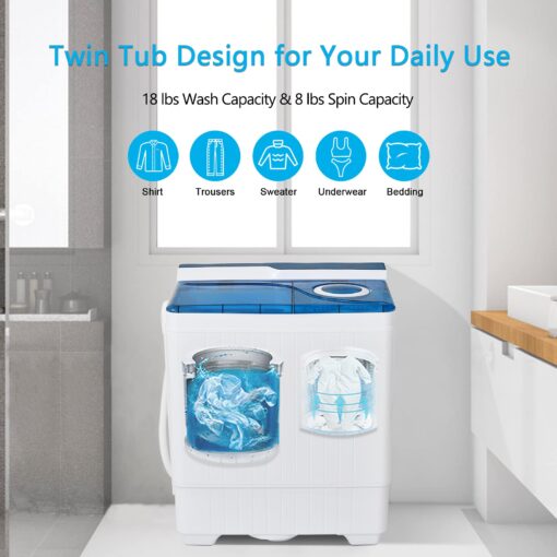 COSTWAY Portable Washing Machine Twin Tub 26 Lbs Capacity, 18 Lbs 8 Lbs Spinner, Compact Control Knobs Timer Function, Drain Pump, Laundry washer, for Apartment RV, Blue - Image 6