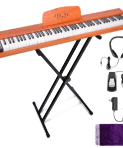 Fesley Weighted Piano Keyboard 88 Keys with Stand: Full Size Electric Keyboard Piano for Beginners, Portable 88 Key Keyboard with Daul Speaker, Sustain Pedal, Support Bluetooth, USB MIDI, Wooden,Brown