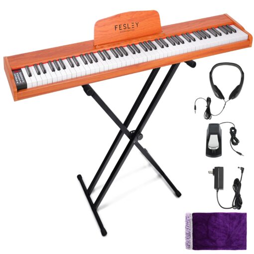 Fesley Weighted Piano Keyboard 88 Keys with Stand: Full Size Electric Keyboard Piano for Beginners, Portable 88 Key Keyboard with Daul Speaker, Sustain Pedal, Support Bluetooth, USB MIDI, Wooden,Brown