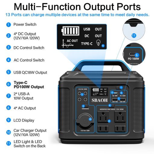 Portable Power Station, 300W 296Wh Solar Generator Quick Charge / 110V AC Outlets/DC Ports and LED Flashlight, Lithium Battery Backup for Home Outdoor Travel Camping Blackout blue - Image 7