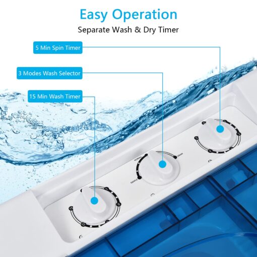 COSTWAY Portable Washing Machine Twin Tub 26 Lbs Capacity, 18 Lbs 8 Lbs Spinner, Compact Control Knobs Timer Function, Drain Pump, Laundry washer, for Apartment RV, Blue - Image 3