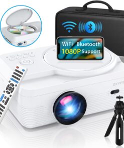 Full HD WiFi Bluetooth Projector Built in DVD Player, 12000LM 1080P Supported, Portable Mini DVD Projector for Outdoor Movies, 250" Home Theater, Compatible with iOS/Android/TV Stick/PS4/HDMI/USB/TF