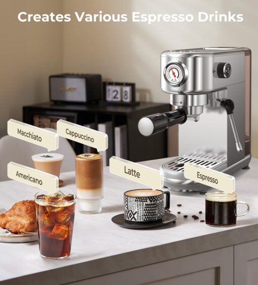 atatix Espresso Machine with Milk Frother, 20 Bar High Pressure Professional Espresso Maker Automatic, Compact Stainless Steel Coffee Machine for Cappuccino, Latte, Gift for Coffee Lover, Silver - Image 9