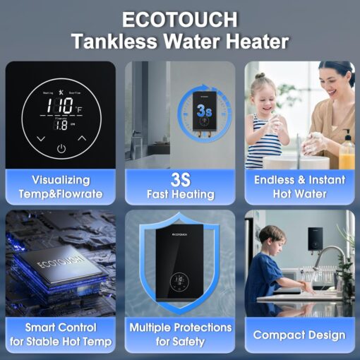 Tankless Electric Hot Water heater, 240V ECOTOUCH 8KW Under Sink On Demand, Instant Point of Use ETL Certificated Self-Modulating Smart Hot Water Heater ECO80 Black - Image 8