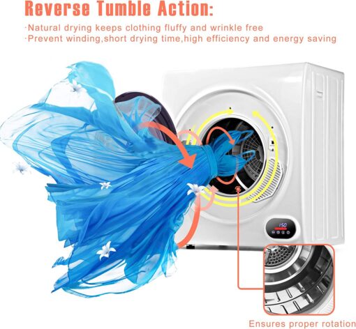 Euhomy Compact Laundry Dryer, 3.5 cu ft Front Load Stainless Steel Clothes Dryers With Exhaust Pipe, 1500W, LCD Control Panel Four-Function Portable Dryer For Apartments, Home, Dorm, White - Image 6