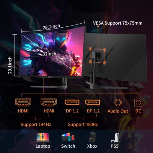 SANSUI 32-Inch Curved Gaming Monitor WQHD 2560 x 1440 180Hz Curved 1500R -1ms(OD), HDR, 300nits, sRGB 125%, DCI-P3 95%, FreeSync, HDMI x2, DP1.2x2(ES-G32C3 DP Cable Included) - Image 7