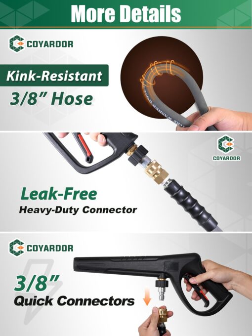 Coyardor 3/8" Pressure Washer Hose 150 FT 4500 PSI, Steel Braided Layer & NonMarking Rubber for Hot/Cold Water High Power Washer Replacement With 3/8 Inch Quick Connect & M22 Fitting, Industrial-grade - Image 4