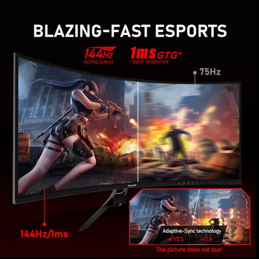 Gawfolk 34 Inch Ultrawide Curved 144Hz Gaming Computer Monitor 1500R PC Screen 21:9 UWQHD (3440x1440),Adaptive Sync,178° Viewing Angle,HDMI、Display Port,Compatible with Wall mounting - Black - Image 4