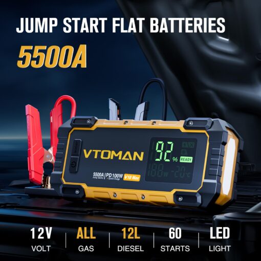 VTOMAN V10 Max 5500A Jump Starter with 100W USB-C Fast Charger Car Battery Jumper Starter Portable for All Gas or 12L Diesel Engines,12V Jump Strart Booster Pack, Jump Box Comes with 100W Car Charger - Image 8