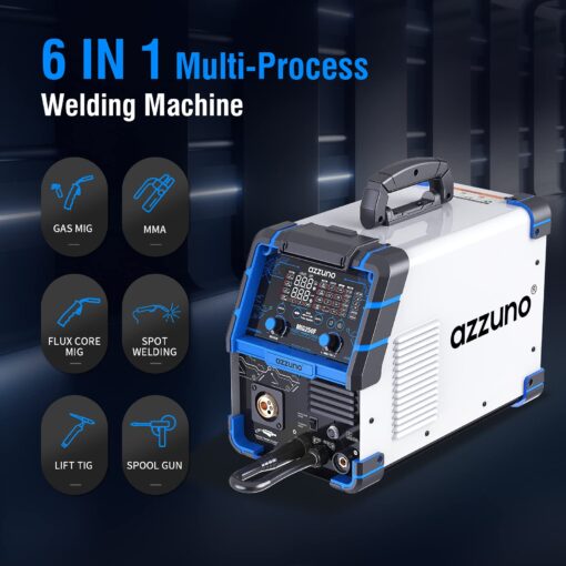 AZZUNO Aluminum 250Amp MIG Welder,6 in 1 Gas MIG/Gasless Flux Core/Stick/Lift TIG/Spot Welding/Spool Gun Compatible Welding Machine 110V/220V Large LED Display Multi Process Welder - Image 8