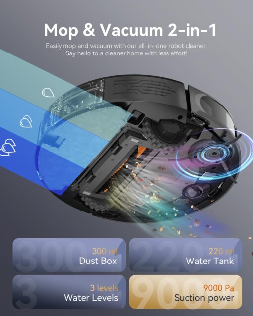 Kewbily Robot Vacuum and Mop Combo, LiDAR Navigation with Ultra Slim Design, Smart Mapping Robotic Vacuum Cleaner, 9000Pa Suction, Customizable Cleaning for Pet Hair, Carpets, and Hard Floors - Image 6