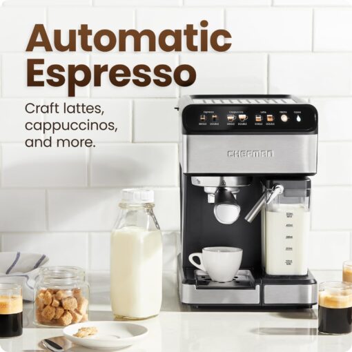 Chefman CaféMaster Pro Espresso Machine, Brew Single or Double Shots, Coffee Maker with Built-In Milk Frother for Cappuccino & Latte, XL 1.8 Liter Removable Water Reservoir - Stainless Steel - Image 8