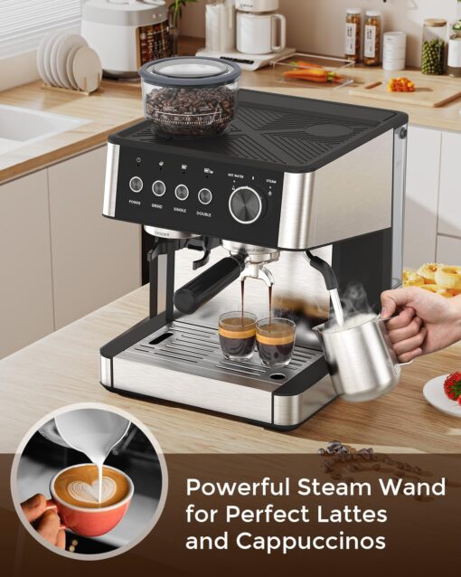 Espresso Machine with Grinder, 20 Bar Expresso Coffee Machines with Milk Frother Steam Wand, Professional Espresso Maker with Removable Water Tank, Cappuccino & Latte Machine for Home - Image 3