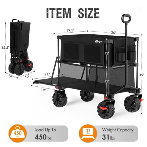PORTAL 400L Large Capacity Collapsible Double Decker Wagon with Brakes, 450LB Heavy Duty Folding Cart with Tailgate, Foldable Utility Wagons for Camping, Beach, Garden, Sports, Shopping - Image 3