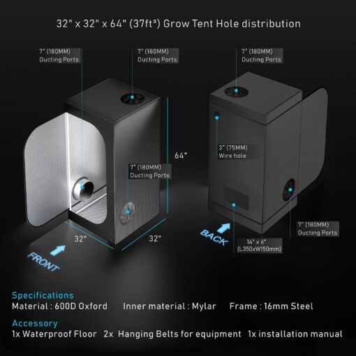 TopoGrow Grow Tent Complete Kit 300W LED Grow Light Full-Spectrum Indoor Hydroponics 32"X32"X63" Grow Tent 4" Ventilation Kit with Hangers,Hygrometer, Shear, Timer,Trellis Netting Full Setup - Image 3