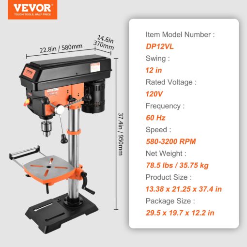 VEVOR 12 in Benchtop Drill Press, 5 Amp 120V, Variable Speed Cast Iron Bench Drill Press, 12 in Swing Distance 0-45° Tiltling Worktable with Laser Work Light, Tabletop Drilling Machine for Wood Metal - Image 7