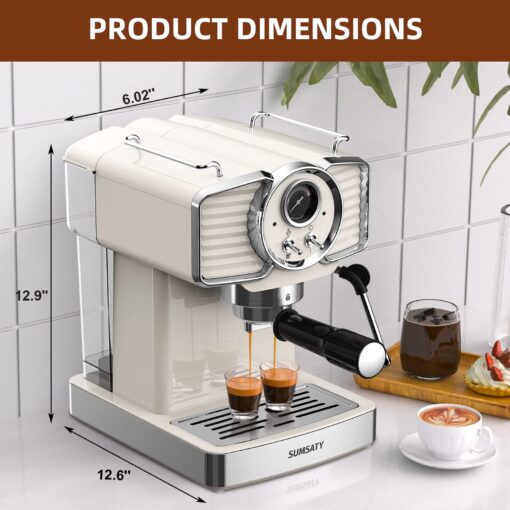 SUMSATY Espresso Machine 20 Bar, Professional Espresso Maker with Milk Frother Steamer Wand, Espresso Coffee Machine Off-white, Cappuccino & Latte Machine for Home, Retro, 1.8L Removable Water Tank - Image 2