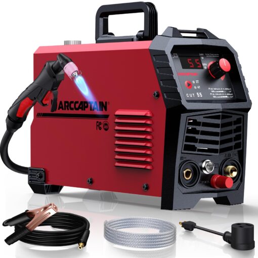 ARCCAPTAIN 55A Plasma Cutter, Non-Touch Pilot ARC High-Frequency Air Plasma Cutting Machine, 110/220V Dual Voltage IGBT Inverter, 1/2" Clean Cut, Post Flow,2T/4T, and 1/4" - 18 NPT, for Beginners DIY