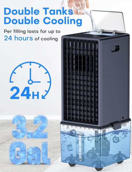 COOLECH 4-IN-1 Portable Air Conditioners w/3.2-Gal Tank for 24H Cooling, 4 Powerful Wind Speeds & 4 Modes, LED Touch Screen, Waterless Alert System & 12H Timer, Remote, Evaporative Air Cooler for Home - Image 4