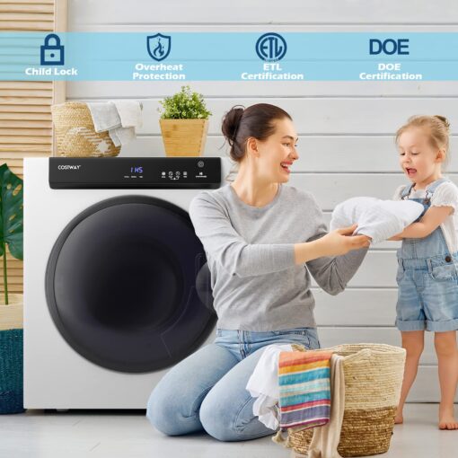 COSTWAY Compact, Touch Panel, 2 Modes, 3 Heating Powers and Adjustable Exhaust Vent, 8.8 LBS Front Load Tumble Laundry Apartment, Dorm and Home, 1400W, White Portable Dryer - Image 6