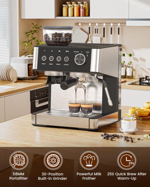 Espresso Machine with Grinder, 20 Bar Expresso Coffee Machines with Milk Frother Steam Wand, Professional Espresso Maker with Removable Water Tank, Cappuccino & Latte Machine for Home - Image 6