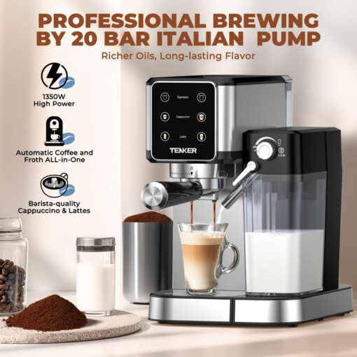 TENKER Espresso Machine 20 Bar, Cappuccino Machine with Automatic Milk Frother, Latte Machine in Stainless Steel Design, 1350W Touchscreen Coffee Maker for Home and Office (Silver) - Image 7