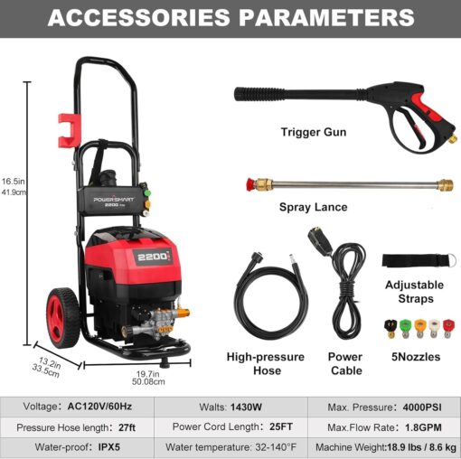 PowerSmart Electric Pressure Washer, 1.8GPM 4000PSI Max Power Washer with 35FT Power Cord & 27FT Hose, Soap Tank,Spray Gun - Image 3