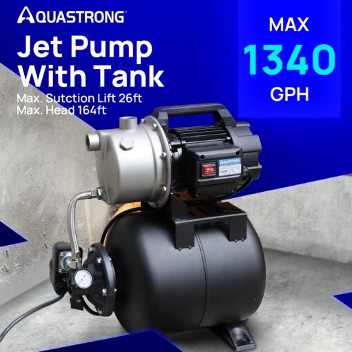 Aquastrong 1.6 HP Shallow Well Pump with Pressure Tank, 1320 GPH, 115V, Stainless Steel Irrigation, Automatic Water Booster Jet Pump for Home, Garden, Lawn - Image 6