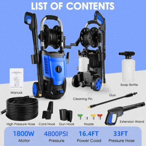 4800 PSI Electric Pressure Washer- 4.0 GPM High Power Washer with 33FT Hose Reel, 4 Spray Tips and Soap Bottle for Car Washing, Fence Cleaning, Patio Maintenance（Upgraded） (Blue) - Image 2