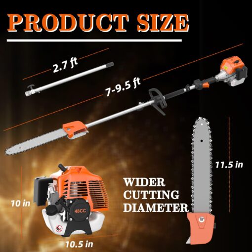 48CC Gas Powered Pole Saws,2-Stroke Gas Pole Saws for Tree Trimming with11.5in Cutting Bar,16 FT Extendable Pole Chainsaw Tree Trimmer - Image 7