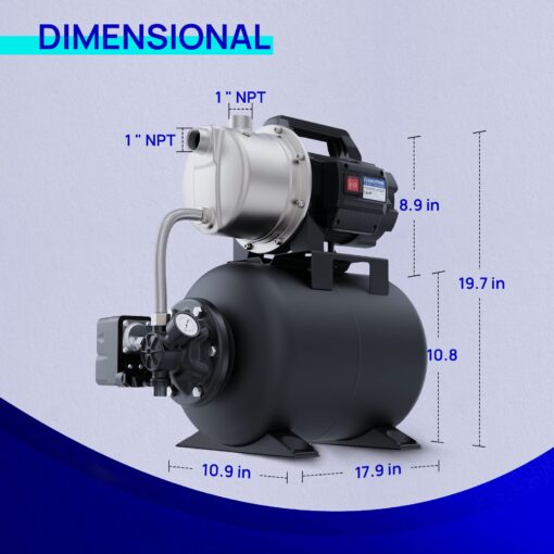 Aquastrong 1.6 HP Shallow Well Pump with Pressure Tank, 1320 GPH, 115V, Stainless Steel Irrigation, Automatic Water Booster Jet Pump for Home, Garden, Lawn - Image 2