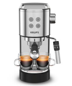 KRUPS Stainless Steel Espresso Machine: 15-Bar Pump Pressure, Milk Frother for Cappuccino and Latte, Fast Pre-Heat, 2-Cup Capacity, Cup Warmer, Easy Cleaning, 1350W, Silver