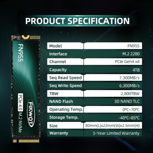 Fikwot FN955 4TB NVMe SSD M.2 2280 PCIe Gen4x4, Up to 7300MB/s, 3D NAND TLC Flash Internal Solid State Drive, Configure SLC Cache, Storage and Memory Expansion for PS5 Laptop Desktop - Image 10