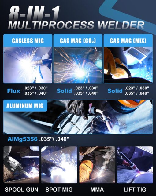 AZZUNO 200A MIG Welder Machine 110V/220V, 8 in 1 Welding Machine Aluminum MIG/Spool Gun Compatible/Gas MIG/MAG/Flux Core MIG/Spot MIG/Lift TIG/Stick Welding, Multiprocess Welder - Image 7