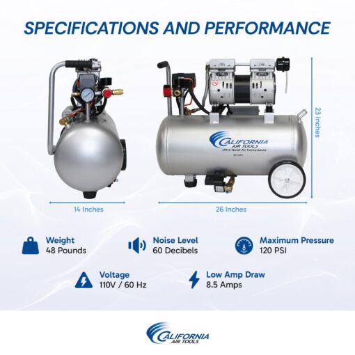 California Air Tools 8010AD 1.0 HP Ultra Quiet and Oil-Free Air Compressor, 8 Gallon Steel Tank, Lightweight with Wheels, 60 dBA Noise Level, with Automatic Drain Valve - Image 3