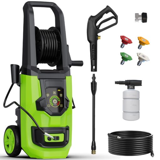 DECOKTOOL Electric Pressure Washer - 5000 PSI 3.0 GPM Power Washer with Touch Screen Adjustable Pressure, 35FT Power Cord and 4 Different Nozzles, Foam Cannon for Car, Garden, Yard, Green