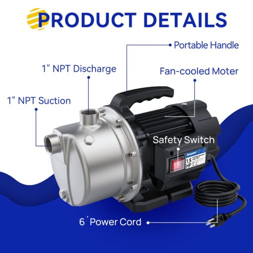 Acquaer 1.5 HP Portable Shallow Well Pump Garden Pump, Stainless Steel, 1210 GPH, 115V Sprinkler Pump Water Transfer Draining Irrigation Pump for Water Removal and Lawn Garden - Image 5