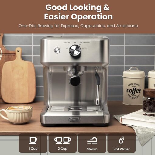 Gevi EzBru 1000 Barista-Level Express Espresso Machine, One-Dial Operation with Customizable Brewing Temperature and Shot Volume, Stainless Steel Cappuccino & Latte Machine with Powerful Milk Frother - Image 9
