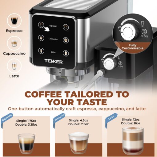 TENKER Espresso Machine 20 Bar, Cappuccino Machine with Automatic Milk Frother, Latte Machine in Stainless Steel Design, 1350W Touchscreen Coffee Maker for Home and Office (Silver) - Image 8