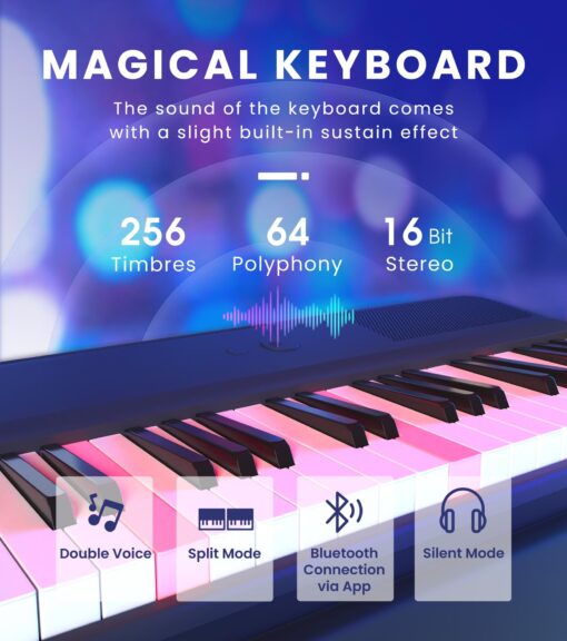 The ONE Smart Keyboard COLOR 61 Keys Piano Keyboard, Music Keyboard with 256 Timbres, 64 Polyphony, 2 Speakers, Built-in LED Lights and Free Apps (Blue) - Image 6