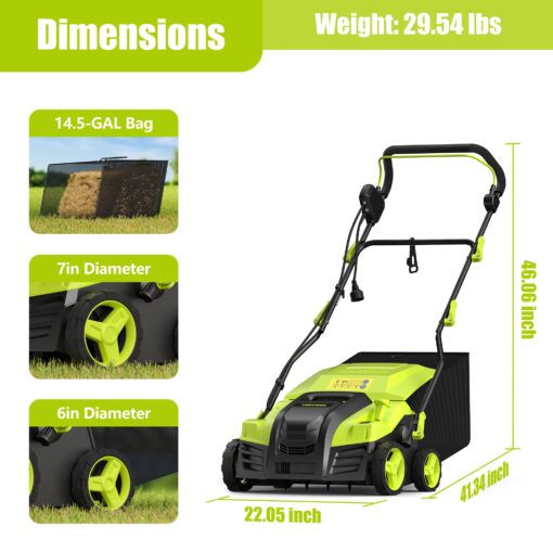 16-Inch Electric Dethatcher and Scarifier, YERYORK 2-in-1 Lawn Dethatcher with Powerful 15 AMP Motor 14.5Gal Collection Bag 5-Position Depth Foldable Handle for Lawns & Garden (Green) - Image 2