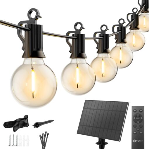 Brightown 208FT Solar String Lights Outdoor Waterproof with Remote, Solar Patio Lights with 100 Shatterproof LED Bulbs, 3 Light Mode, Dimmable & Timer, Hanging String Lights for Porch Garden Bistro