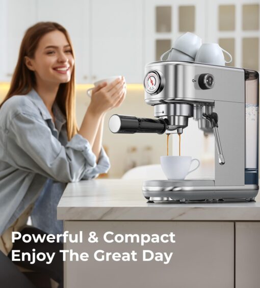 atatix Espresso Machine with Milk Frother, 20 Bar High Pressure Professional Espresso Maker Automatic, Compact Stainless Steel Coffee Machine for Cappuccino, Latte, Gift for Coffee Lover, Silver - Image 3