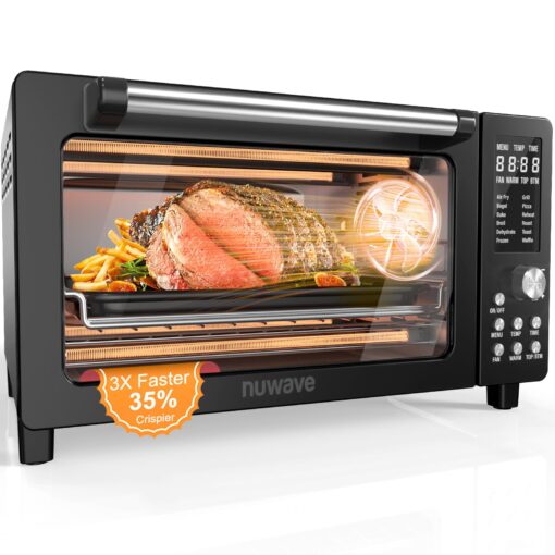 Nuwave Bravo Pro Smart Air Fryer Toaster Oven Combo, Airfryer Convection Oven Countertop, 12-in-1 Functions with Quicker & Even Crisp Technology, 1800W, 50-450°F, PFAS-Free, 21QT, Black